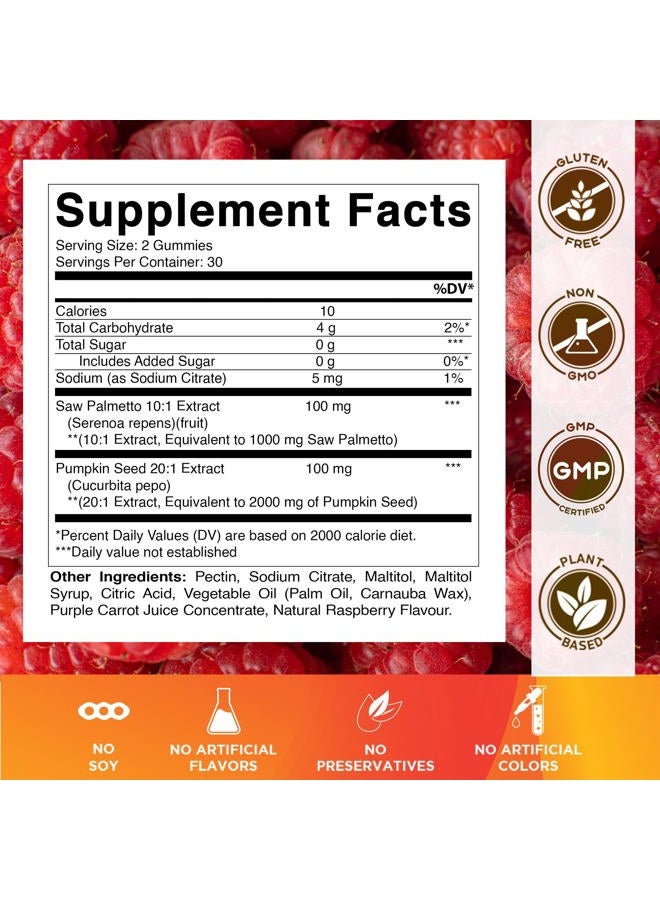 Vitamatic 2 Packs Sugar Free Pumpkin Seed Gummies- 3000 mg Equivalent Per Serving (from 20:1 and 10:1 Extract 200 mg) - Made with Saw Palmetto - Natural Raspberry Flavor - 60 Count - Image 2
